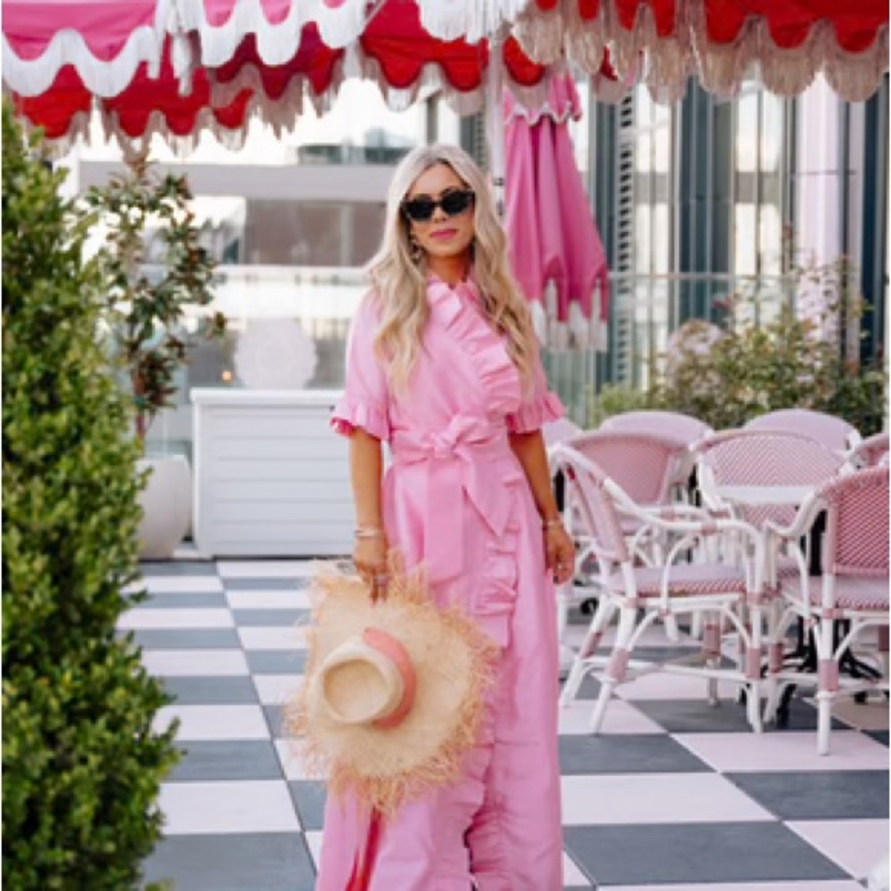 Elizabeth Wilson Pink Candy Pink Anne Claire Ruffled Wrap Maxi Dress - Small